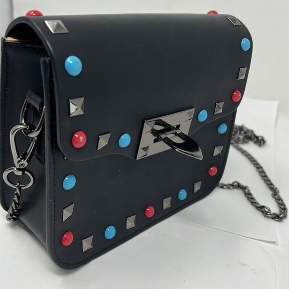 Borse in Pelle Studded Black Matte Leather Shoulder Crossbody Bag Made In Italy - Picture 1 of 11
